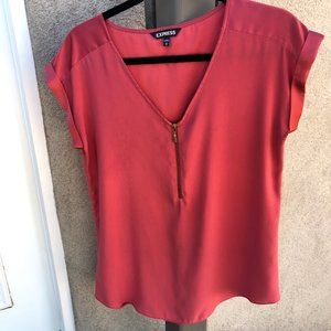 Express Silky V-Neck Zip Gramercy Tee- Salmon Pink